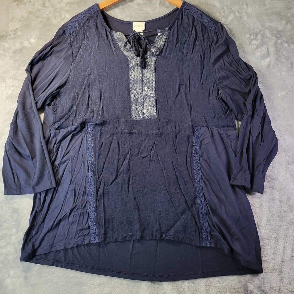 Chicos Womens 2 L Navy Embellished Boho Tie Neck Long Sleeve‎ Blouse